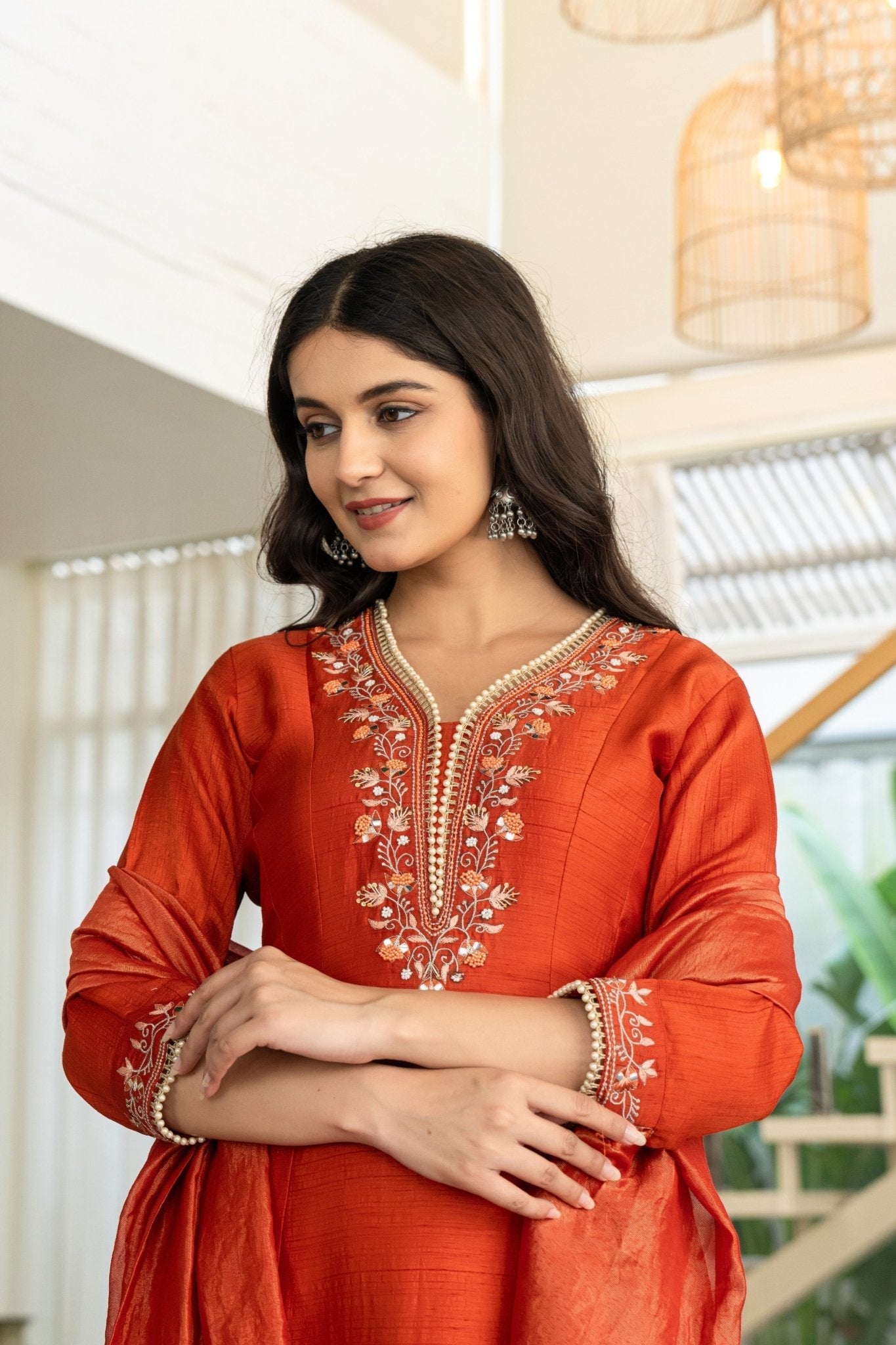 Chic Rust Muslin Anarkali Suit Set with Handwork Ethnic Wear - Anusheet Fashion