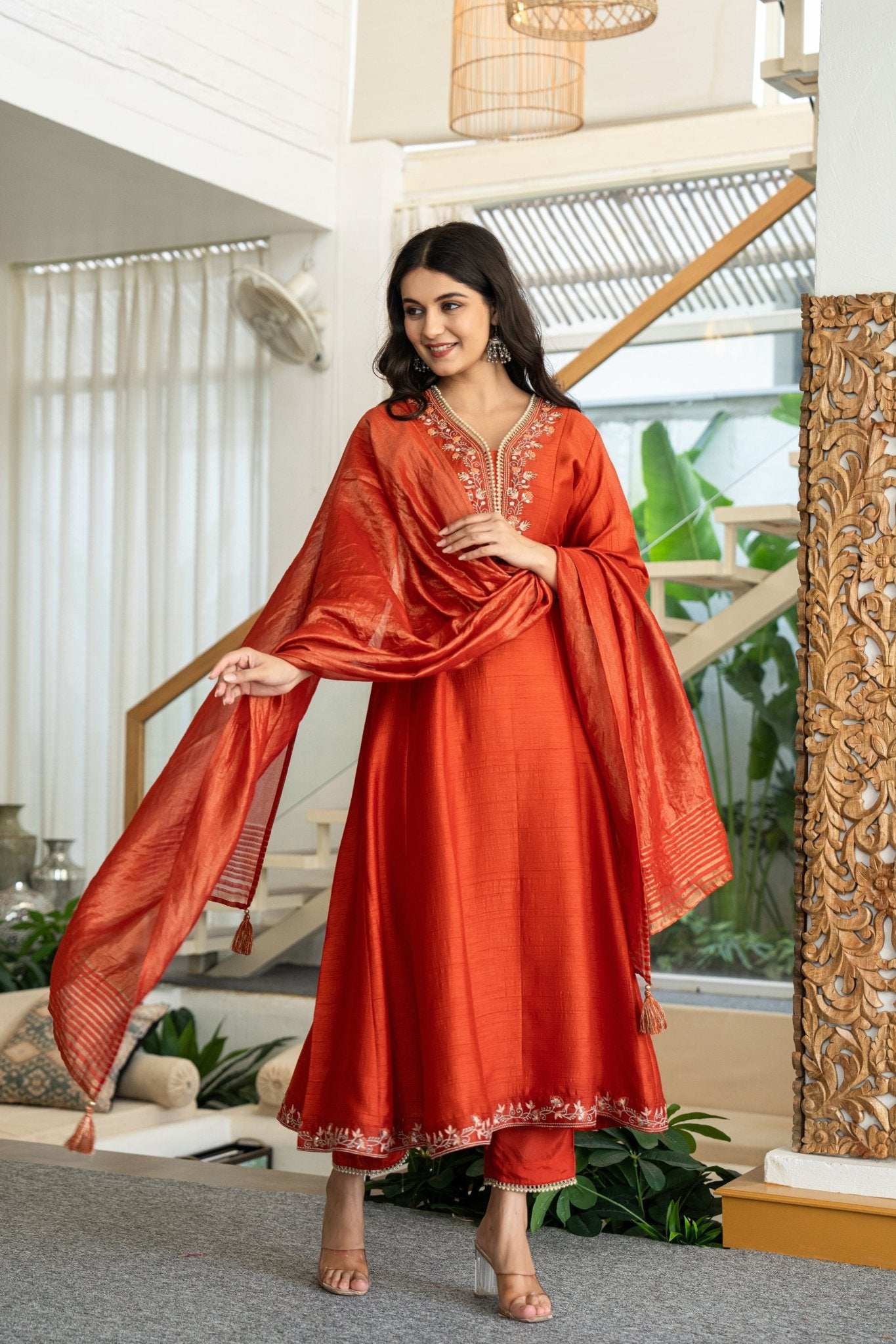 Chic Rust Muslin Anarkali Suit Set with Handwork Ethnic Wear - Anusheet Fashion