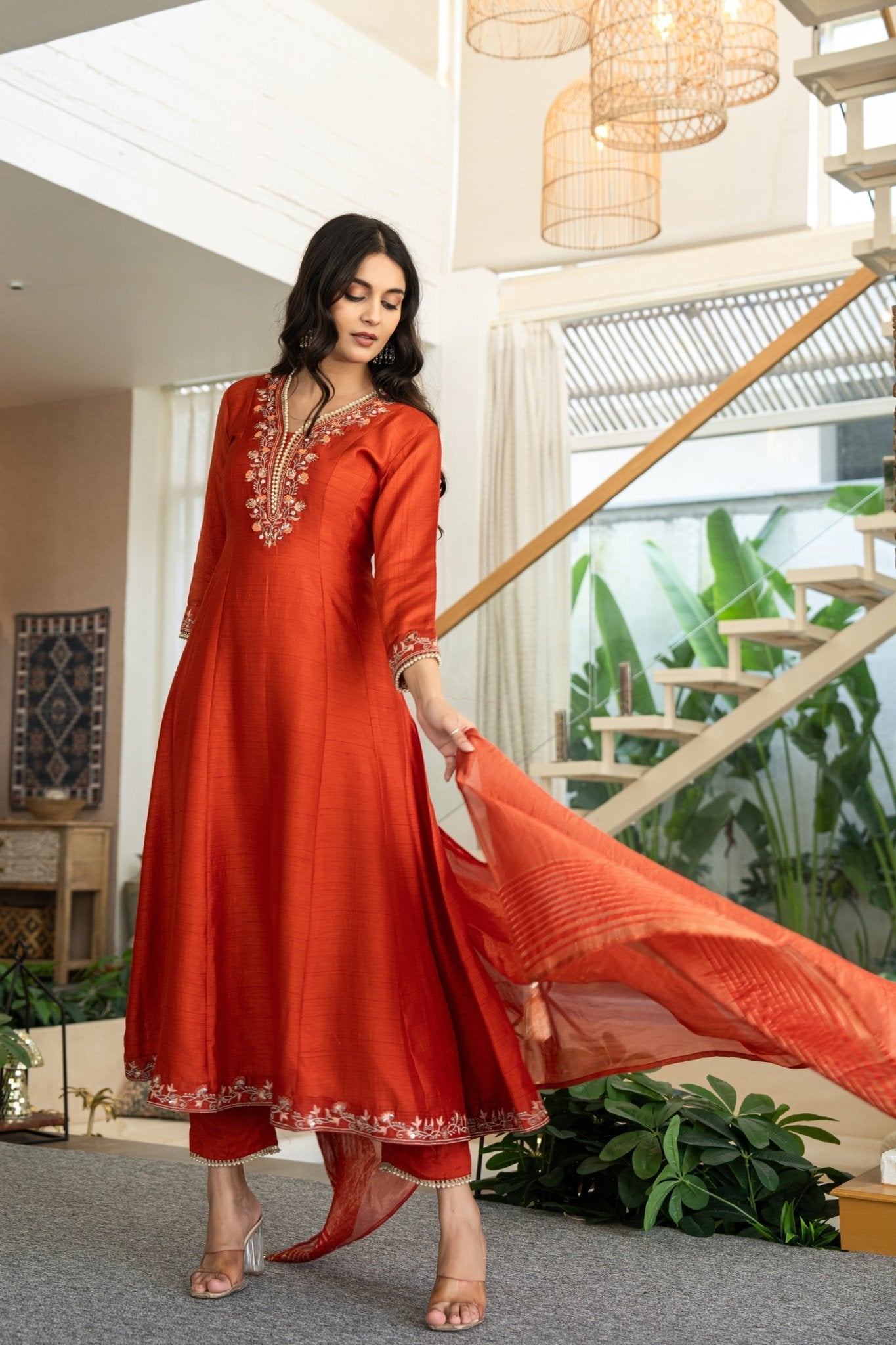 Chic Rust Muslin Anarkali Suit Set with Handwork Ethnic Wear - Anusheet Fashion