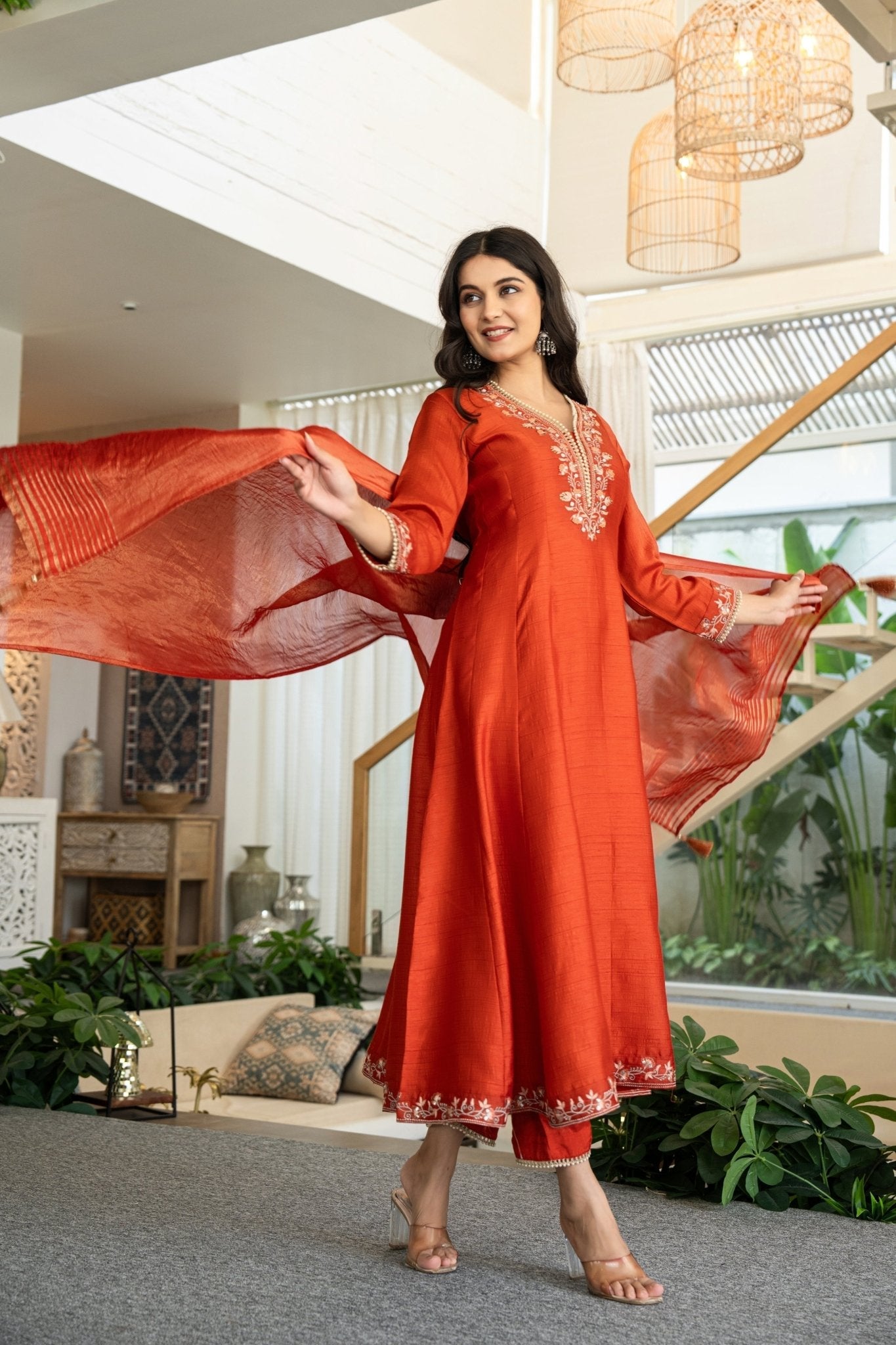 Chic Rust Muslin Anarkali Suit Set with Handwork Ethnic Wear - Anusheet Fashion