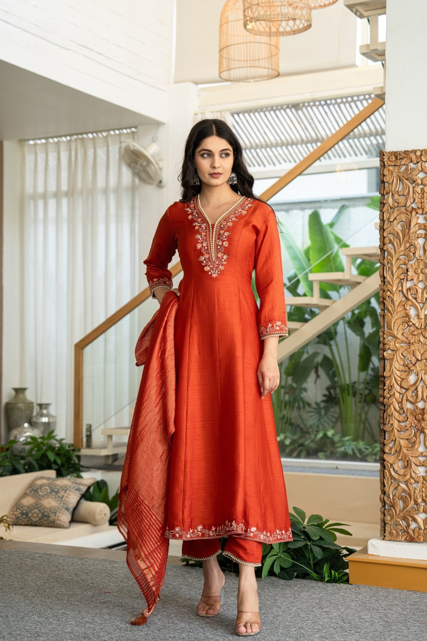 Chic Rust Muslin Anarkali Suit Set with Handwork Ethnic Wear - Anusheet Fashion