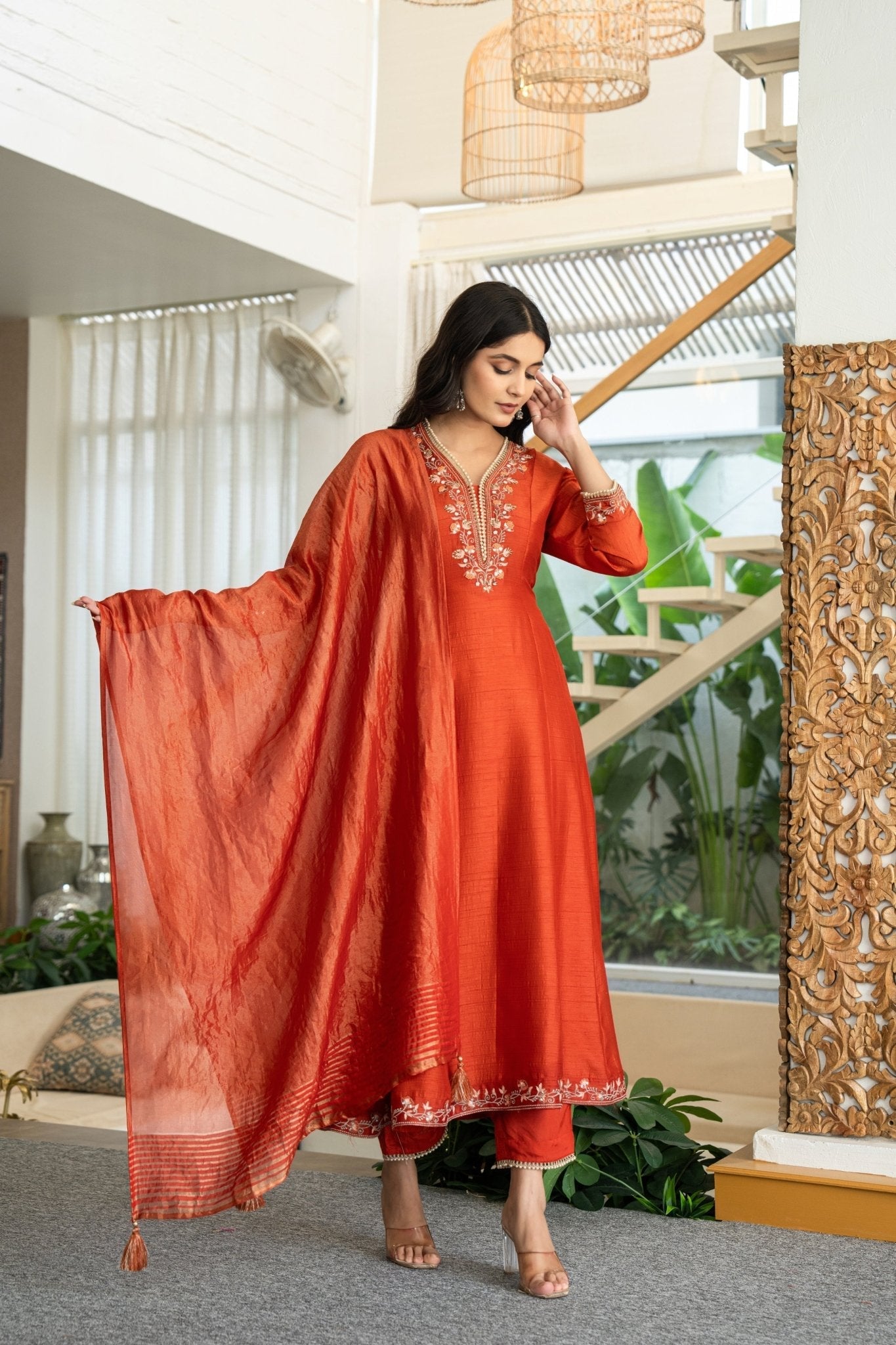 Chic Rust Muslin Anarkali Suit Set with Handwork Ethnic Wear - Anusheet Fashion