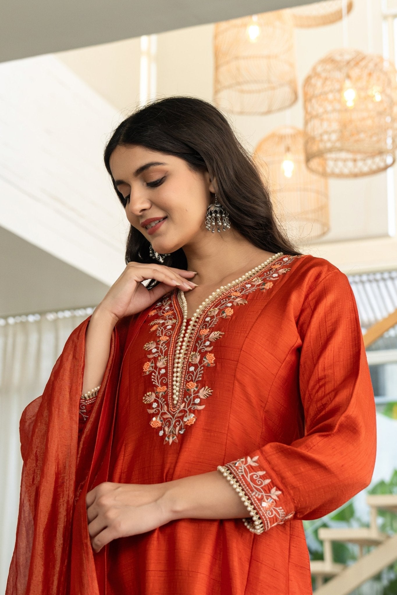 Chic Rust Muslin Anarkali Suit Set with Handwork Ethnic Wear - Anusheet Fashion