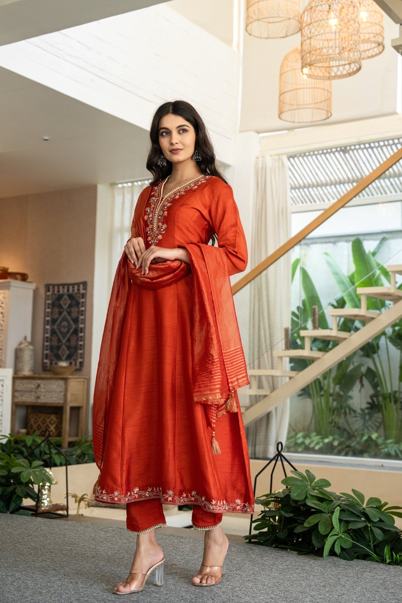 Chic Rust Muslin Anarkali Suit Set with Handwork Ethnic Wear - Anusheet Fashion