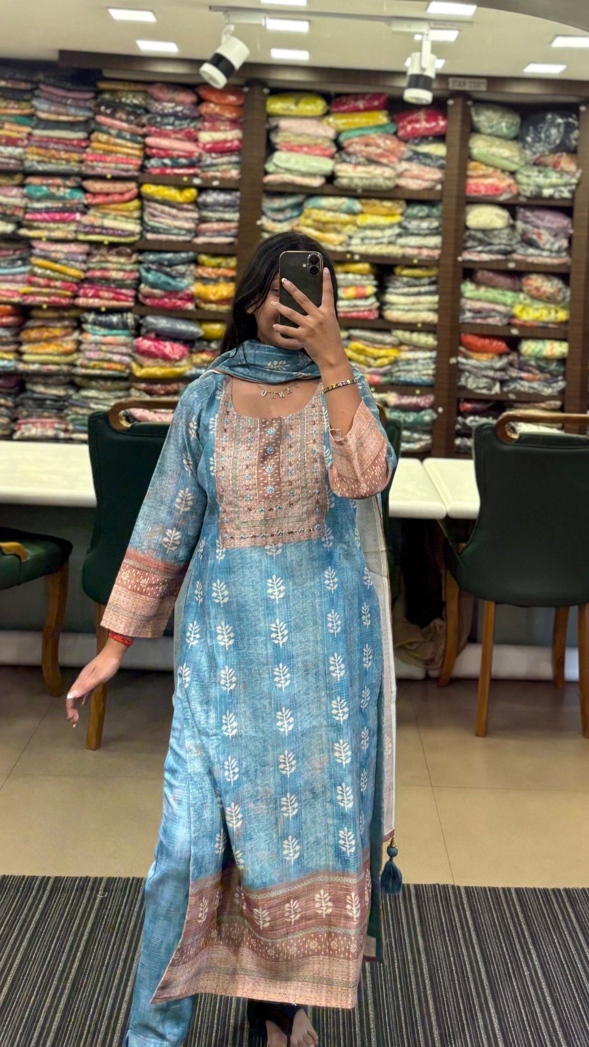 Chic Sky Blue Pure Chanderi Printed Suit Set - Anusheet Fashion