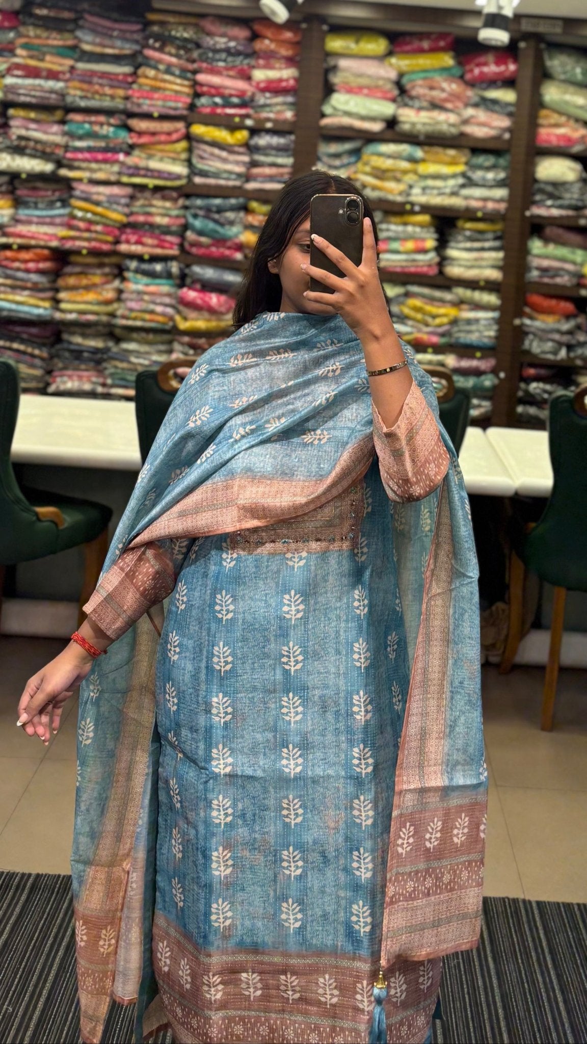 Chic Sky Blue Pure Chanderi Printed Suit Set - Anusheet Fashion
