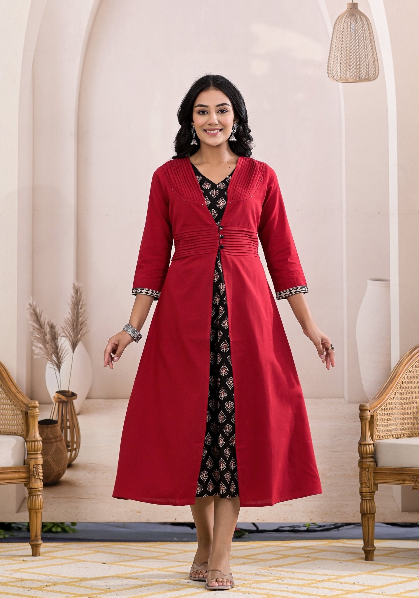 Classic Cherry Red Block Print Midi Dress - Anusheet Fashion