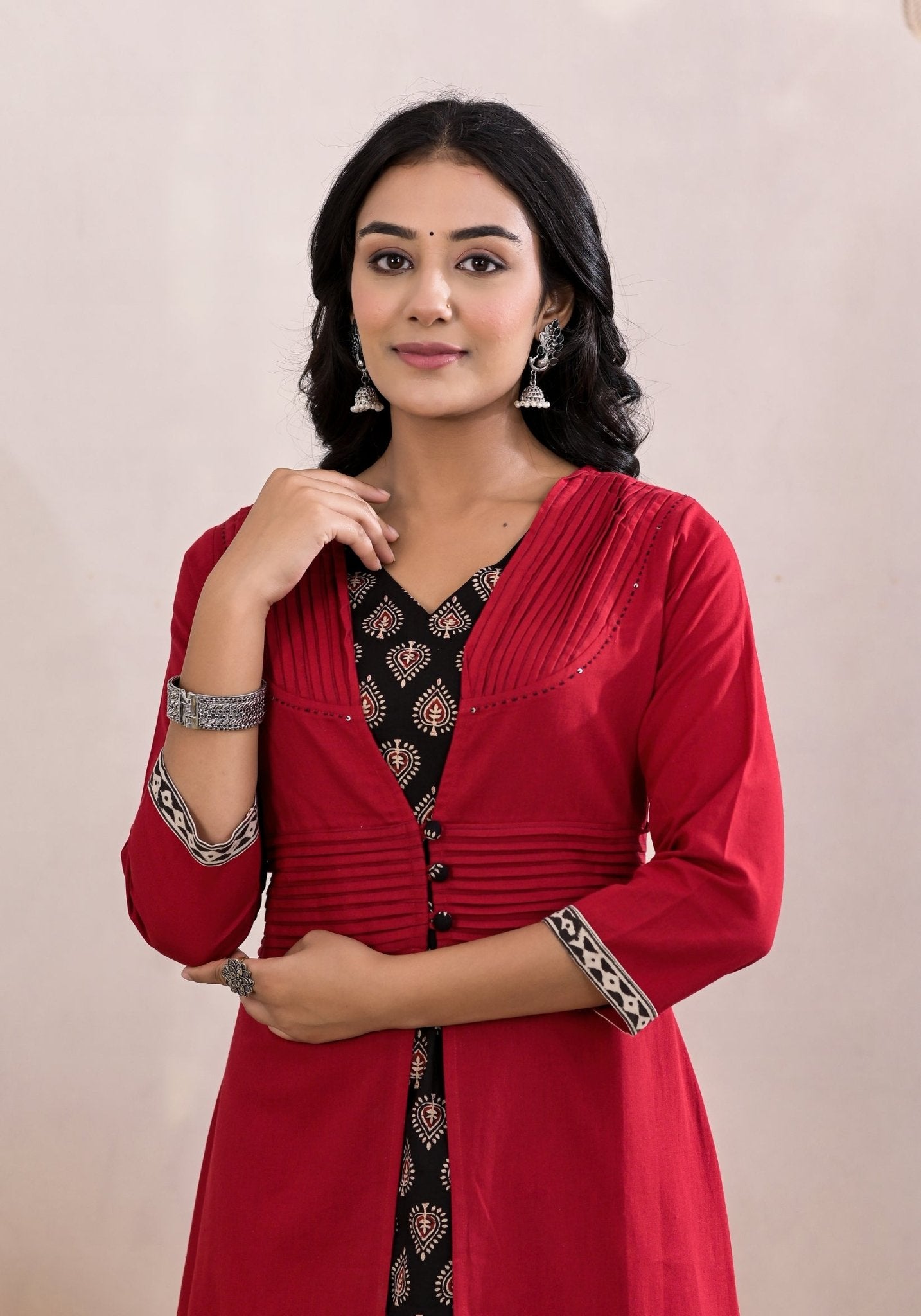 Classic Cherry Red Block Print Midi Dress - Anusheet Fashion