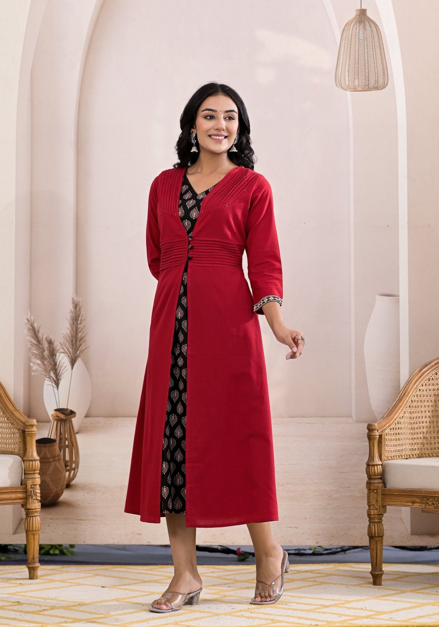 Classic Cherry Red Block Print Midi Dress - Anusheet Fashion