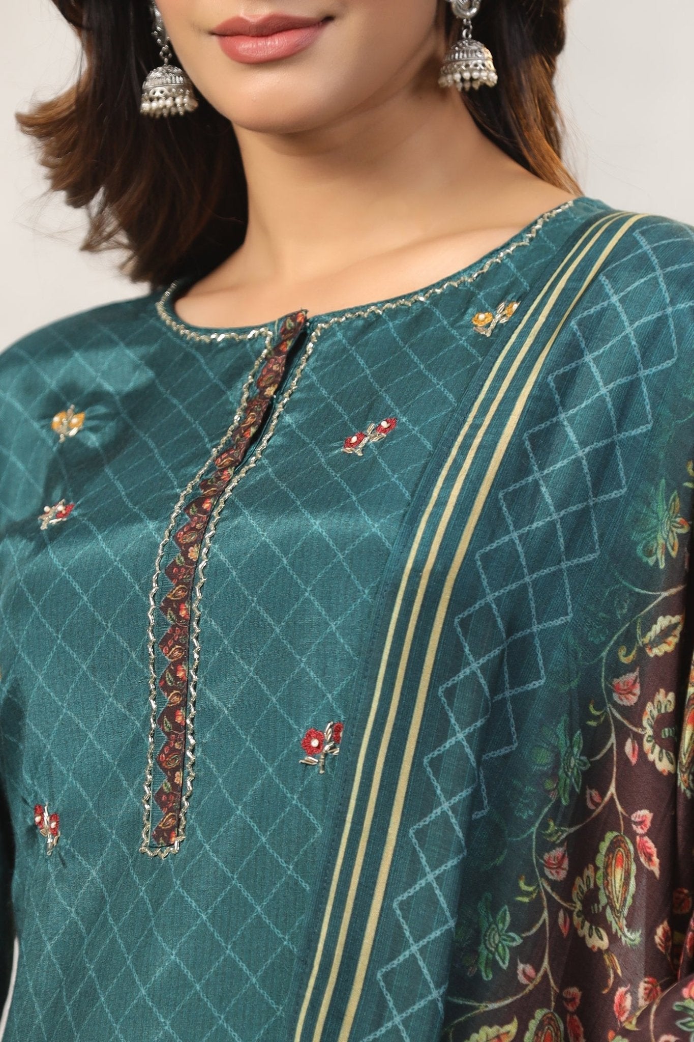 Dark Green Traditional Printed Suit Set - Anusheet Fashion