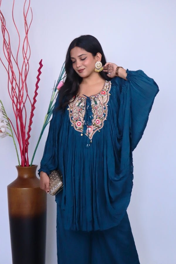 Elegant Blue Indo - Western Embroidered Dress Perfect for Parties & Special Occasions - Anusheet Fashion