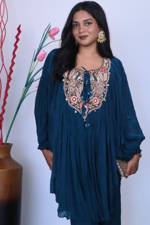 Elegant Blue Indo - Western Embroidered Dress Perfect for Parties & Special Occasions - Anusheet Fashion