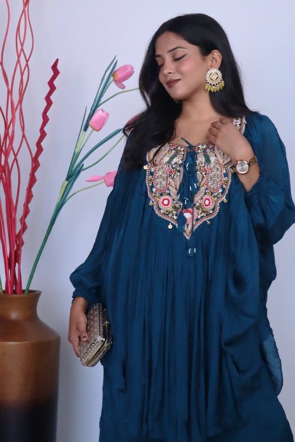 Elegant Blue Indo - Western Embroidered Dress Perfect for Parties & Special Occasions - Anusheet Fashion