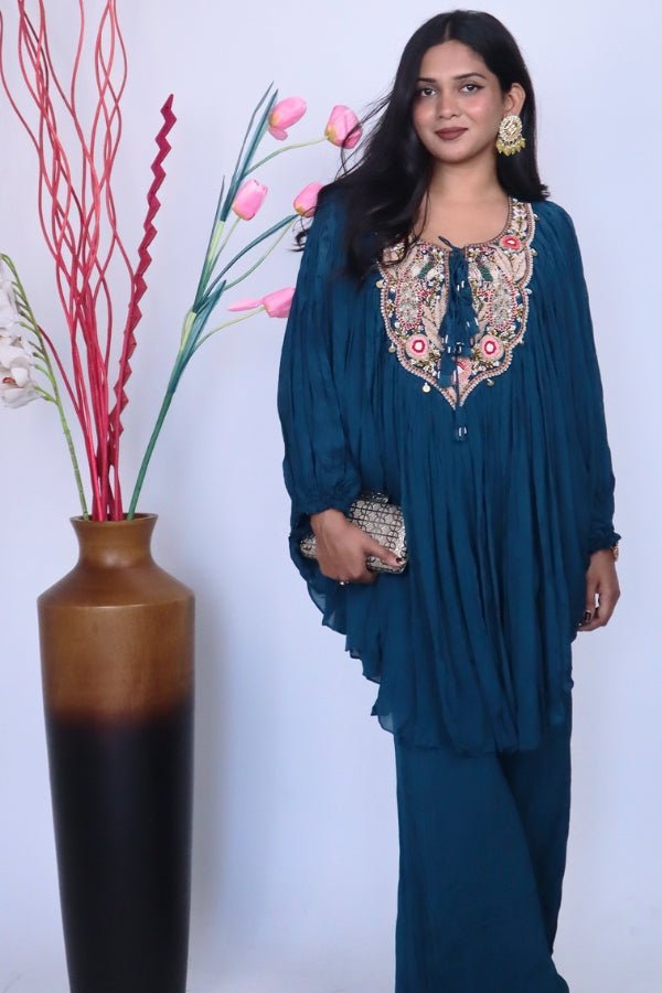 Elegant Blue Indo - Western Embroidered Dress Perfect for Parties & Special Occasions - Anusheet Fashion
