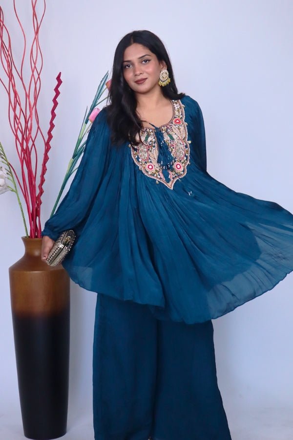 Elegant Blue Indo - Western Embroidered Dress Perfect for Parties & Special Occasions - Anusheet Fashion