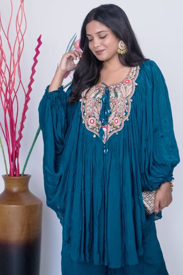 Elegant Blue Indo - Western Embroidered Dress Perfect for Parties & Special Occasions - Anusheet Fashion