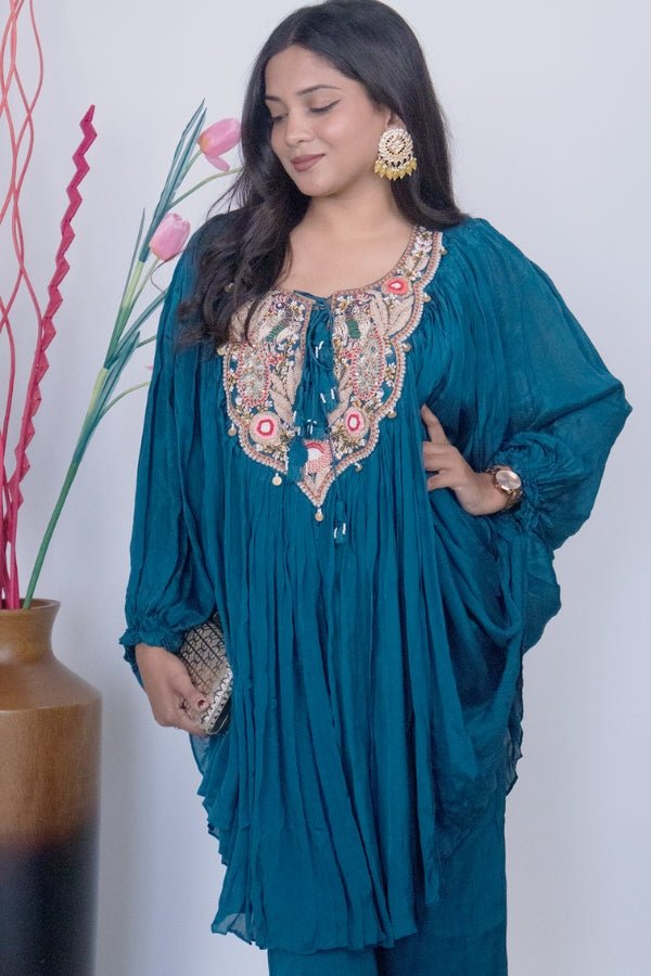 Elegant Blue Indo - Western Embroidered Dress Perfect for Parties & Special Occasions - Anusheet Fashion