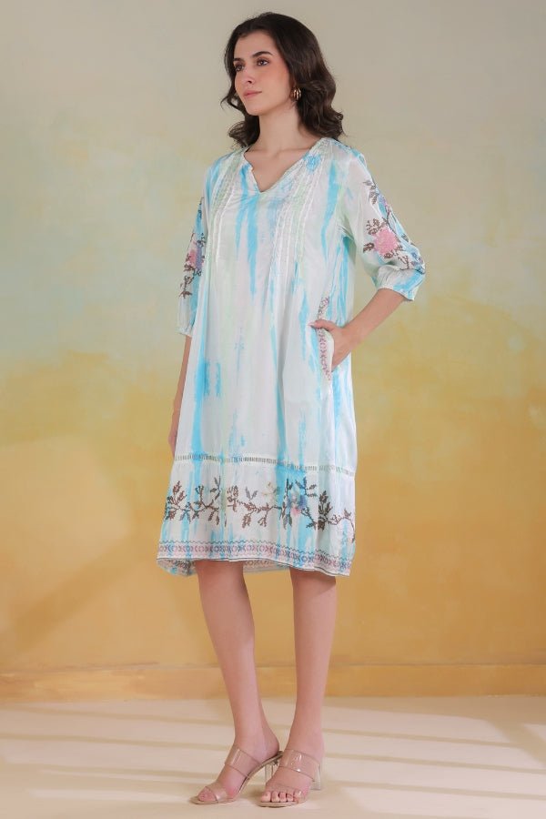 Elegant Blue Pure Muslin Embroidered Dress – M to XXL - Anusheet Fashion