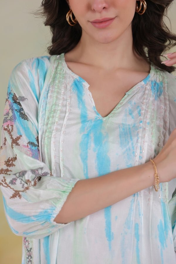 Elegant Blue Pure Muslin Embroidered Dress – M to XXL - Anusheet Fashion