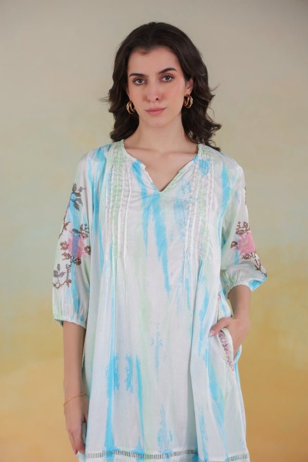 Elegant Blue Pure Muslin Embroidered Dress – M to XXL - Anusheet Fashion