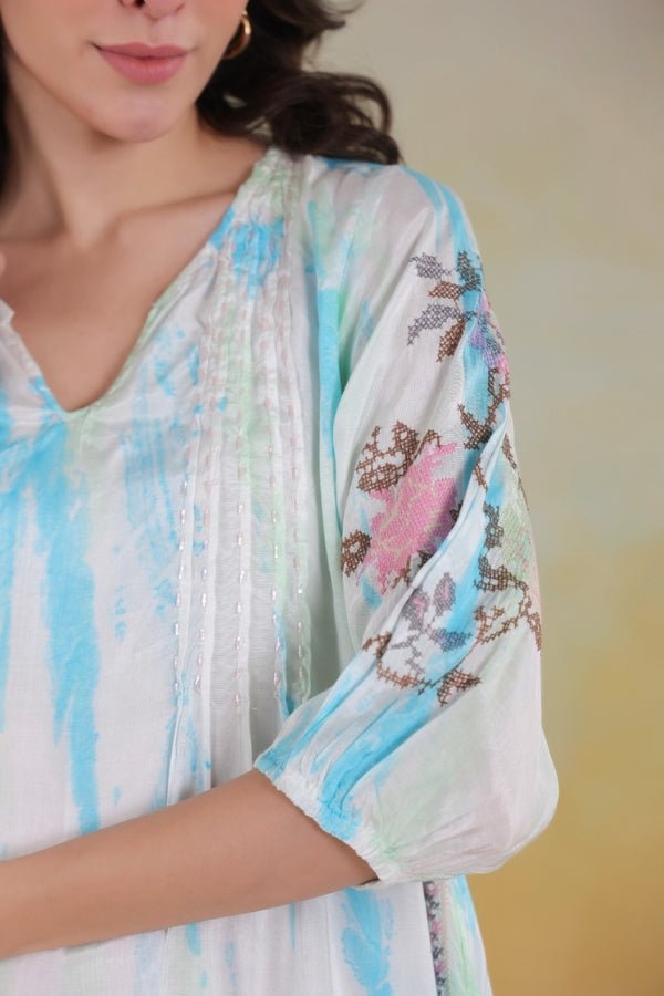 Elegant Blue Pure Muslin Embroidered Dress – M to XXL - Anusheet Fashion