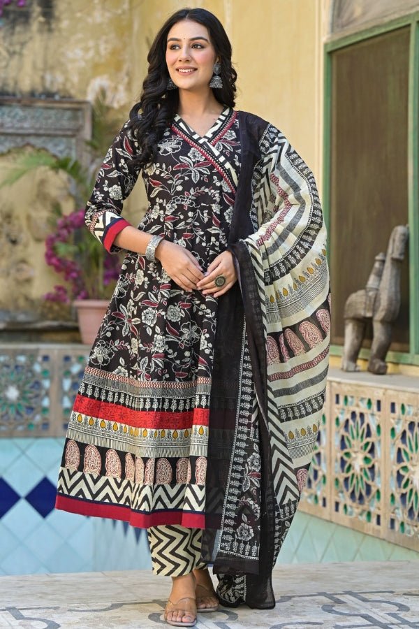 Elegant Coffee Angrakha Style 3 - Piece Cotton Kurti Set with Dupatta - Anusheet Fashion