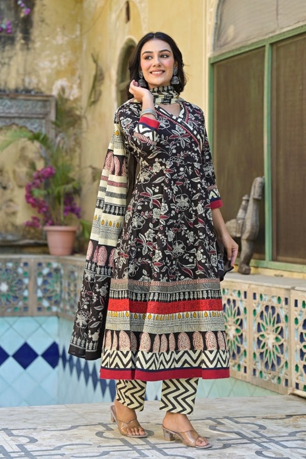 Elegant Coffee Angrakha Style 3 - Piece Cotton Kurti Set with Dupatta - Anusheet Fashion
