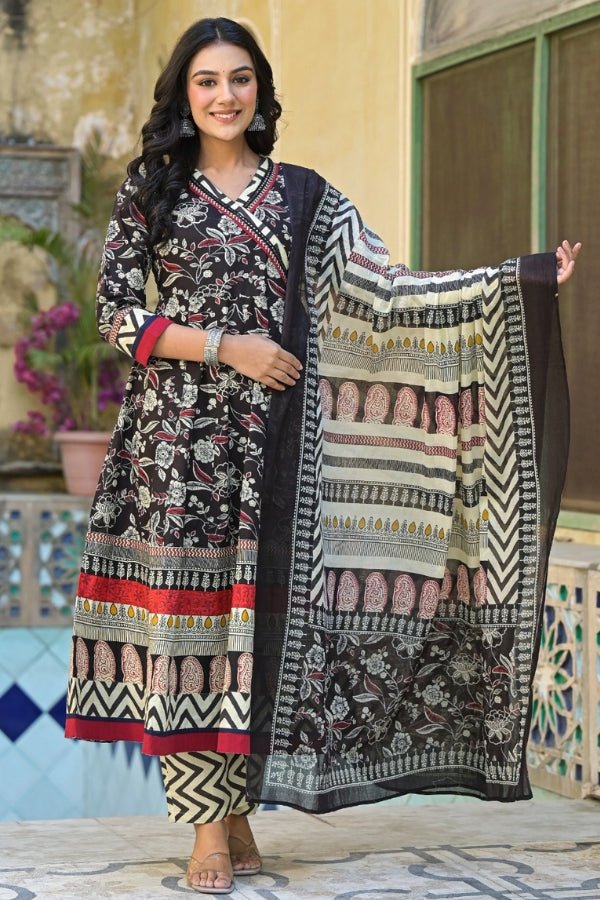 Elegant Coffee Angrakha Style 3 - Piece Cotton Kurti Set with Dupatta - Anusheet Fashion