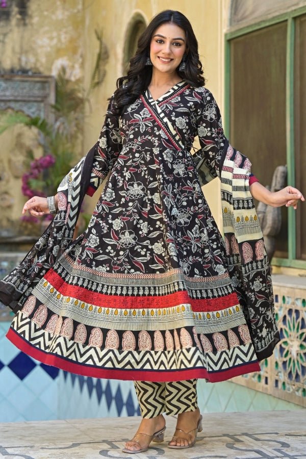Elegant Coffee Angrakha Style 3 - Piece Cotton Kurti Set with Dupatta - Anusheet Fashion