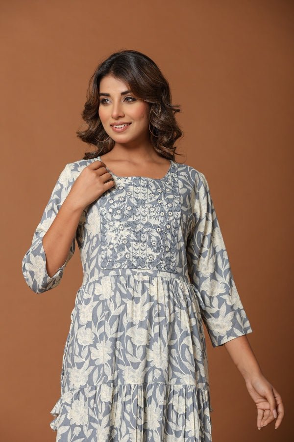 Elegant Gray Floral Midi Dress with Embroidery & Tiered Design - Anusheet Fashion