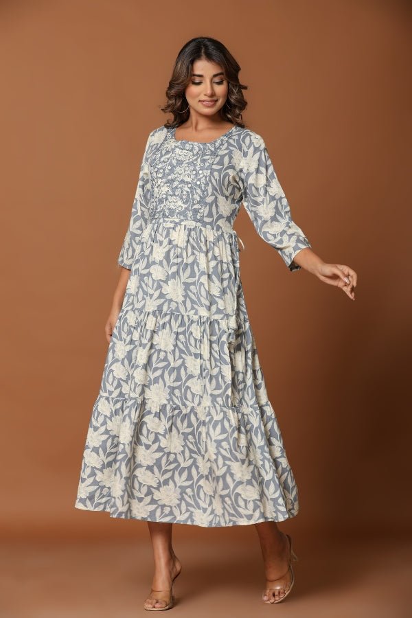 Elegant Gray Floral Midi Dress with Embroidery & Tiered Design - Anusheet Fashion