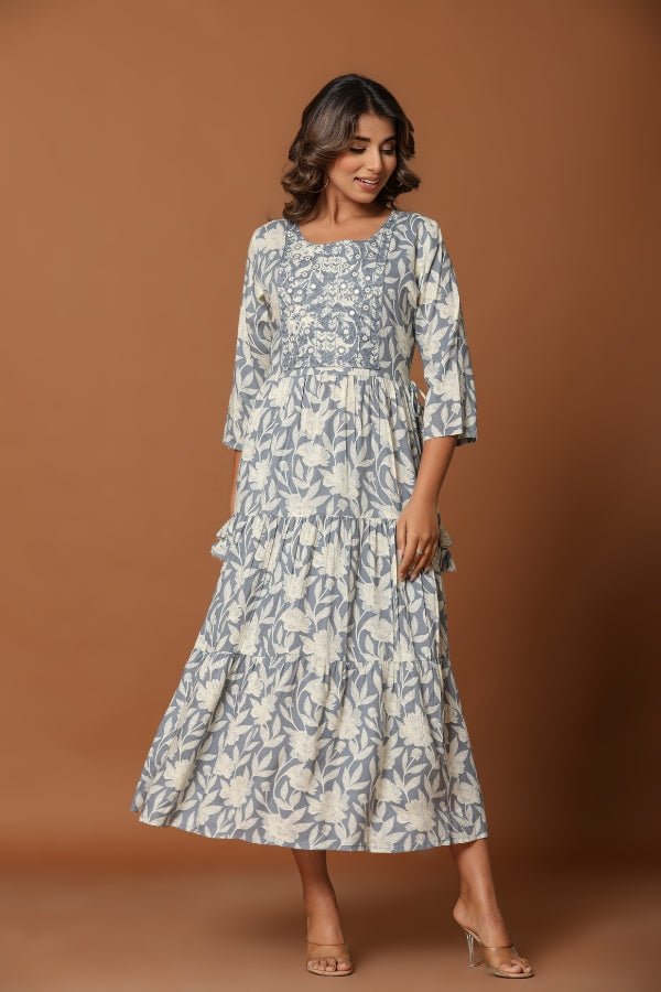 Elegant Gray Floral Midi Dress with Embroidery & Tiered Design - Anusheet Fashion