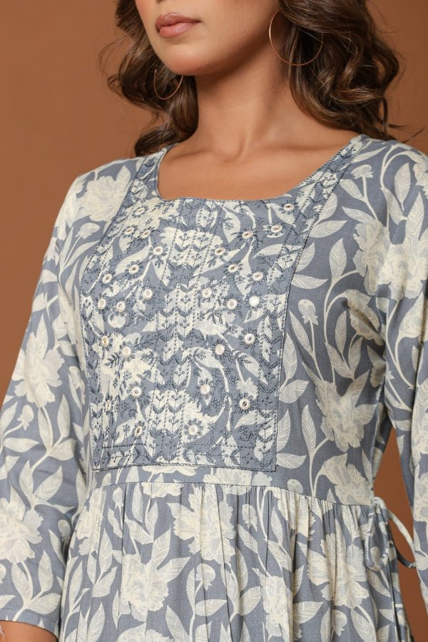 Elegant Gray Floral Midi Dress with Embroidery & Tiered Design - Anusheet Fashion
