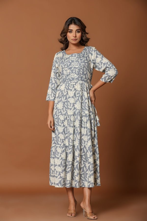 Elegant Gray Floral Midi Dress with Embroidery & Tiered Design - Anusheet Fashion