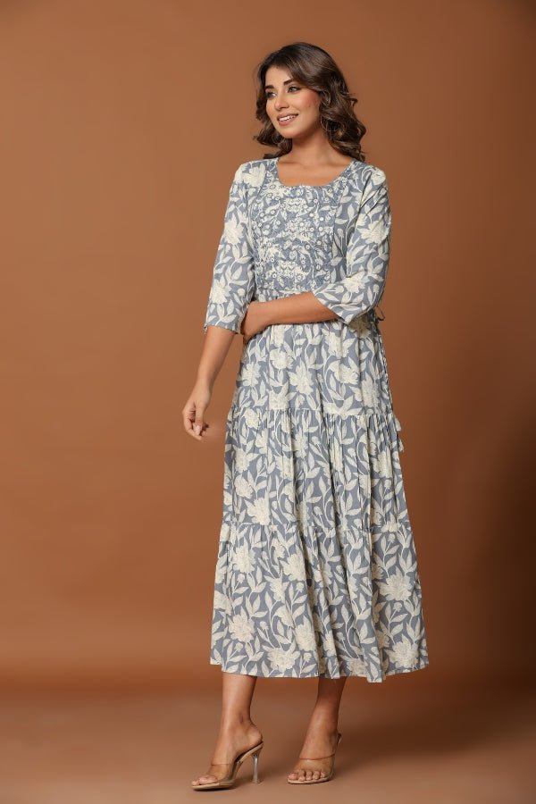 Elegant Gray Floral Midi Dress with Embroidery & Tiered Design - Anusheet Fashion