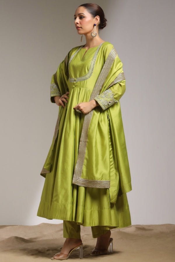 Elegant Green Anarkali with Hand - Embroidered Details - Anusheet Fashion
