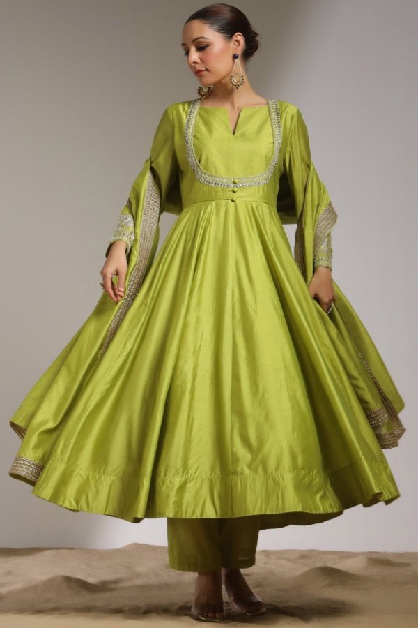 Elegant Green Anarkali with Hand - Embroidered Details - Anusheet Fashion