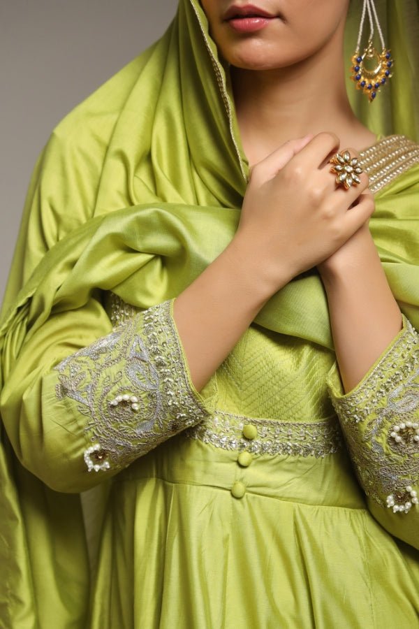 Elegant Green Anarkali with Hand - Embroidered Details - Anusheet Fashion