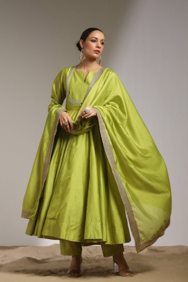 Elegant Green Anarkali with Hand - Embroidered Details - Anusheet Fashion