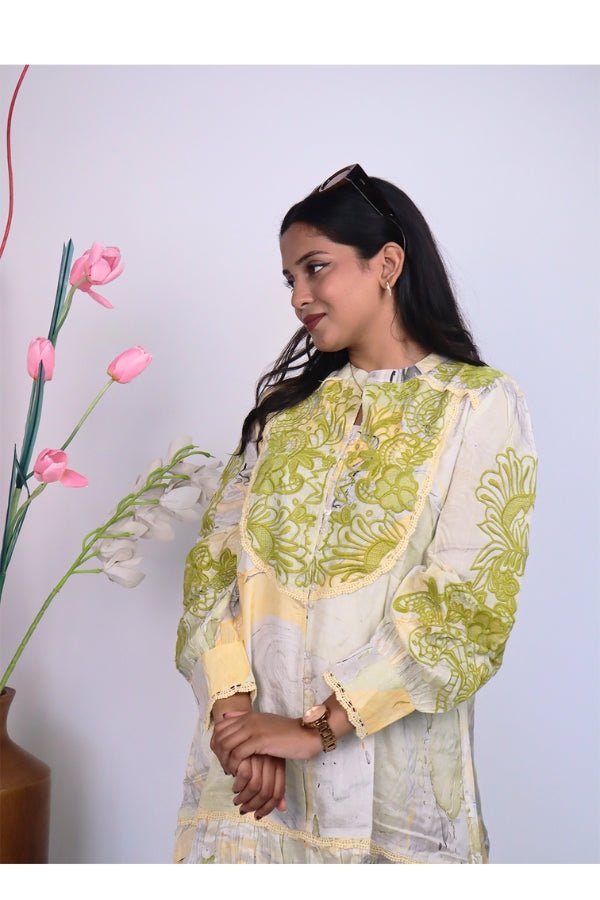 Elegant Green Midi Dress Embroidered Neckline & Flowy Silhouette ✨ - Anusheet Fashion
