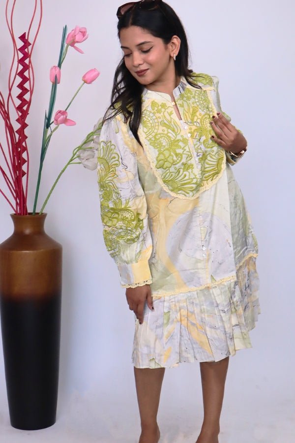 Elegant Green Midi Dress Embroidered Neckline & Flowy Silhouette ✨ - Anusheet Fashion