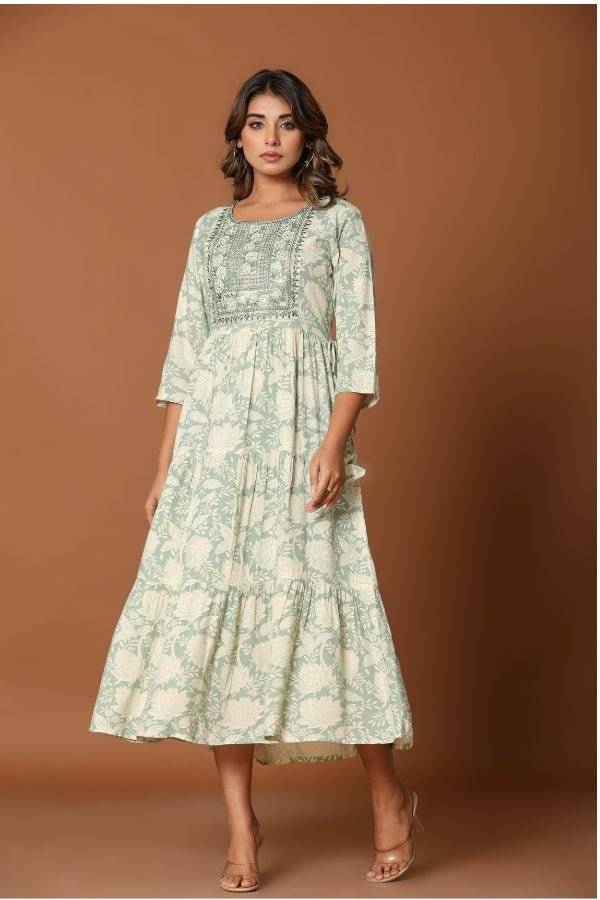Elegant Green Midi Dress Embroidered Neckline & Flowy Silhouette ✨ - Anusheet Fashion