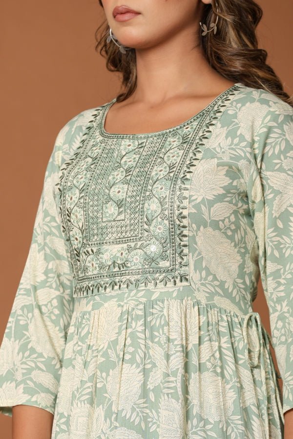 Elegant Green Midi Dress Embroidered Neckline & Flowy Silhouette ✨ - Anusheet Fashion
