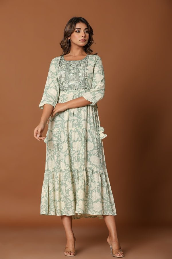 Elegant Green Midi Dress Embroidered Neckline & Flowy Silhouette ✨ - Anusheet Fashion