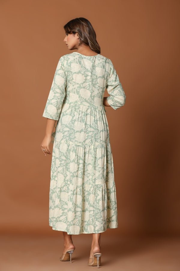 Elegant Green Midi Dress Embroidered Neckline & Flowy Silhouette ✨ - Anusheet Fashion