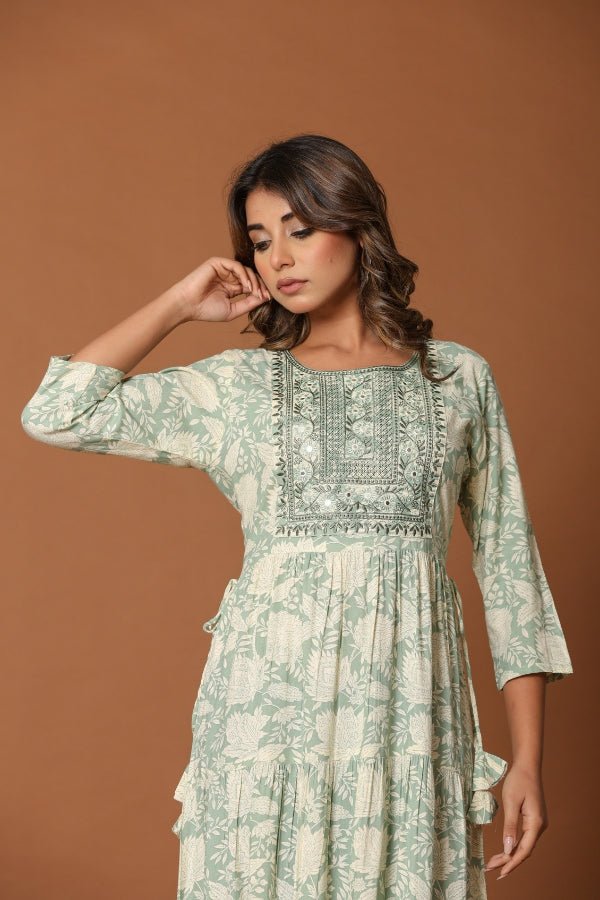 Elegant Green Midi Dress Embroidered Neckline & Flowy Silhouette ✨ - Anusheet Fashion