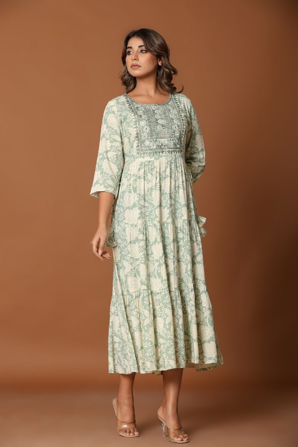 Elegant Green Midi Dress Embroidered Neckline & Flowy Silhouette ✨ - Anusheet Fashion