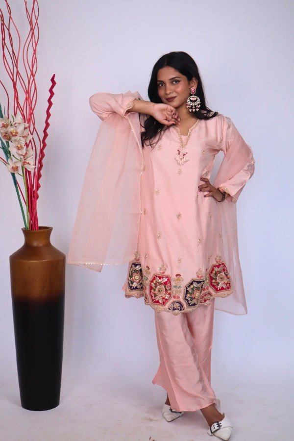 Elegant Peach Indo - Western 3 - Piece Set with Embroidery Perfect for Parties & Special Occasions - Anusheet Fashion