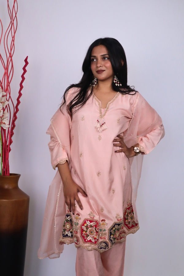 Elegant Peach Indo - Western 3 - Piece Set with Embroidery Perfect for Parties & Special Occasions - Anusheet Fashion