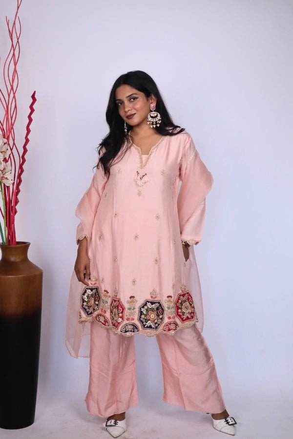 Elegant Peach Indo - Western 3 - Piece Set with Embroidery Perfect for Parties & Special Occasions - Anusheet Fashion